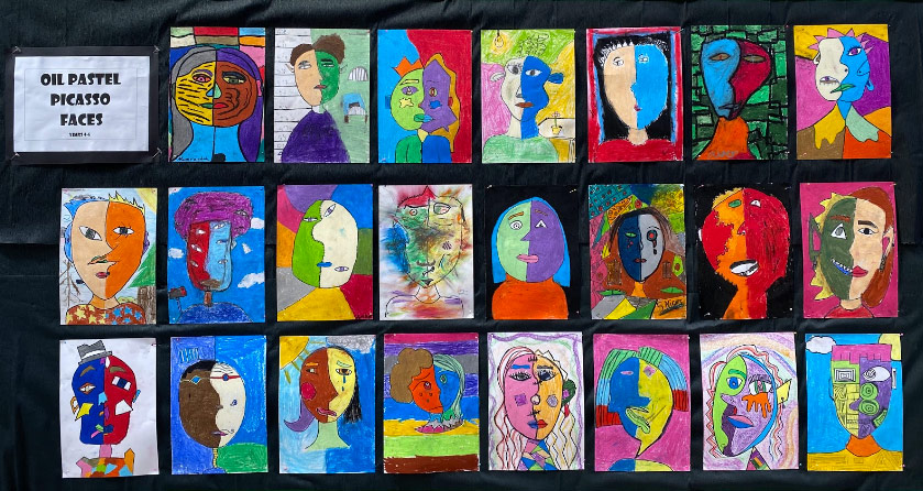 Drawings of faces in oil pastels inspired by Picasso